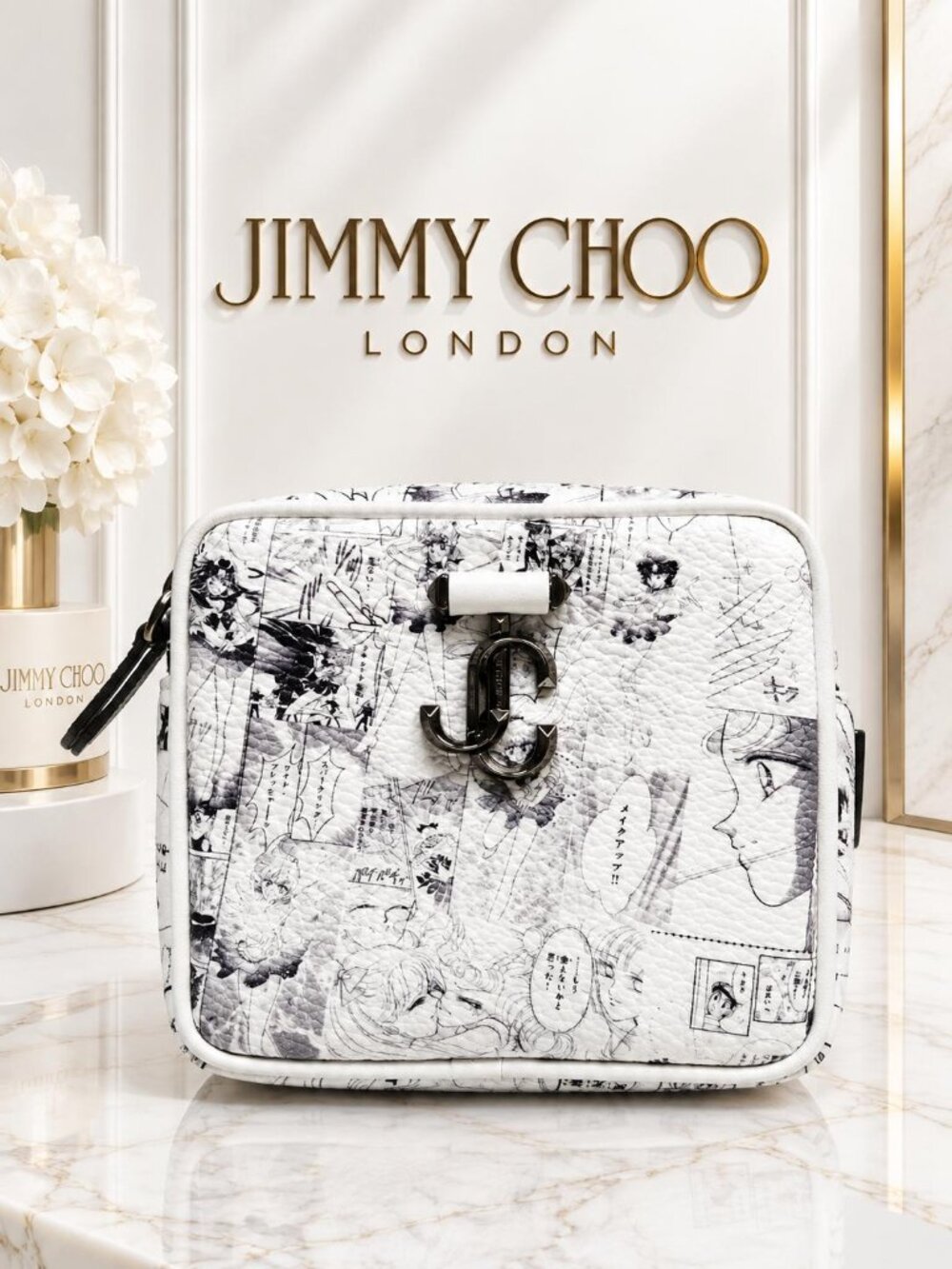 Authentic Jimmy Choo JC Manga Print White Leather Camera Crossbody Bag